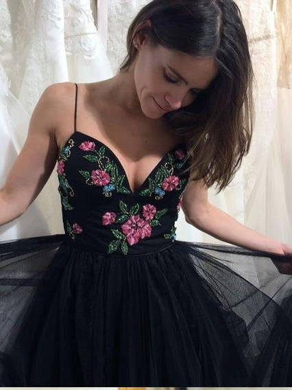 Beautiful Prom Dresses A-line Spaghetti Straps Black Floral Prom Dress/Evening Dress SED391