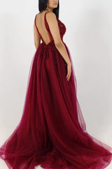 Prom Dress A-line Burgundy Beaded V neck Tulle Long Prom Dresses/Evening Dress SED480|Selinadress