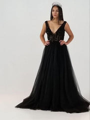 Prom Dress A-line Burgundy Beaded V neck Tulle Long Prom Dresses/Evening Dress SED480|Selinadress