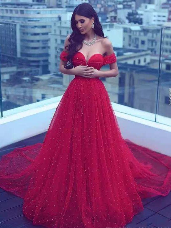 Long Prom Dress A-line Off-the-shoulder Red Beading Prom Dresses/Evening Dress SED469|Selinadress