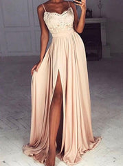 A-line Prom Dress Pink Spaghetti Straps Lace Long Prom Dresses/Evening Dress SED474|Selinadress
