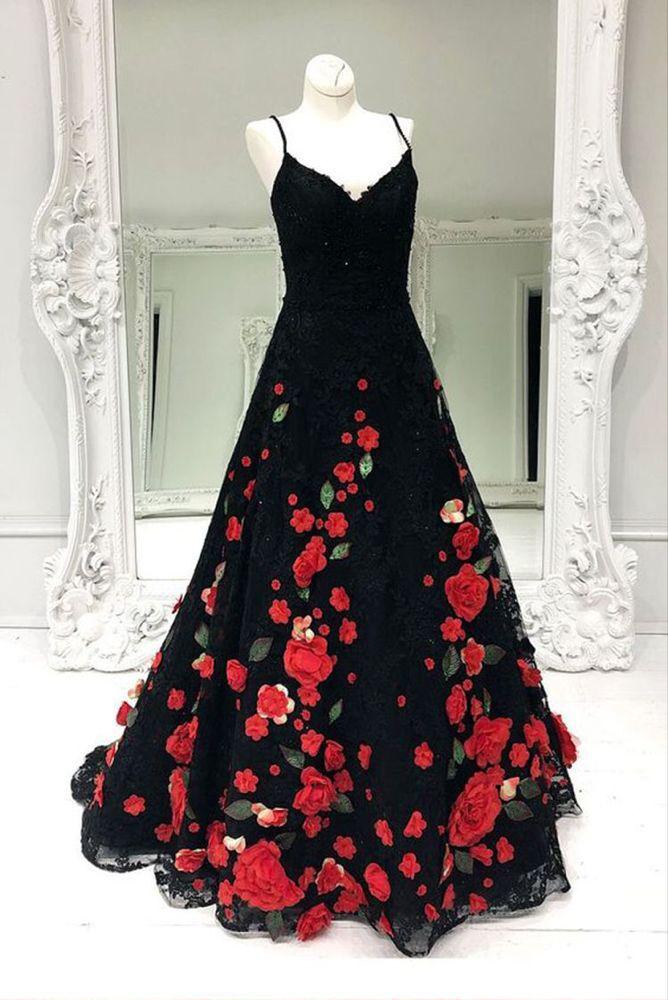 Black Prom Dress Aline Spaghetti Straps Floral Lace Long Prom Dresses