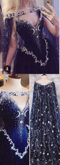 Dark Blue Prom Dresses A-line Sweep Train Chic Prom Dress Sparkly Modest Evening Dress SED489|Selinadress