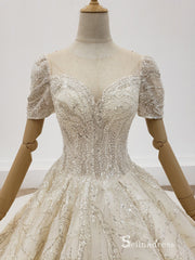 Selinadress Scoop Short Sleeve Luxury Wedding Dress Sparkle illusion Wedding Gowns CB018