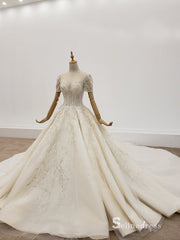 Selinadress Scoop Short Sleeve Luxury Wedding Dress Sparkle illusion Wedding Gowns CB018