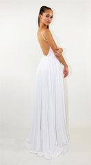 A-line Spaghetti Straps Cheap Chiffon Long Prom Dresses White Evening Dress CBD527