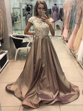 Cap Sleeves Long Prom Dress Satin Lace Appliques Formal Gown FD016