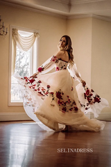 Chic A-line Off-the-shoulder Long Prom Dress Photography Costumes With Floral Long Puff Sleeve Cheap Formal Dress JKSS516|Selinadress