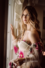 Chic A-line Off-the-shoulder Long Prom Dress Photography Costumes With Floral Long Puff Sleeve Cheap Formal Dress JKSS516|Selinadress