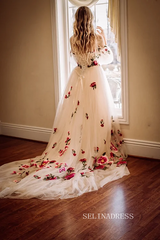 Chic A-line Off-the-shoulder Long Prom Dress Photography Costumes With Floral Long Puff Sleeve Cheap Formal Dress JKSS516|Selinadress