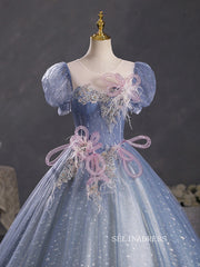 Chic Scoop Neck Prom Dress With Puff Sleeve Princess Dress Evening Dress #QWE048|Selinadress