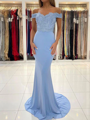 Chic Trumpet/Mermaid Off The Shoulder Light Sky Blue Lace Prom Dress Satin Evening Dress JKW219|Selinadress