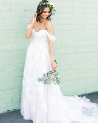 Chic A-line Off-the-shoulder Applique Court Train Rustic Wedding Dress SEW058|Selinadress