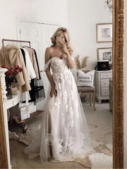Chic A-line Off-the-shoulder Applique Court Train Rustic Wedding Dress SEW058|Selinadress