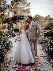 Chic A-line V neck See Through Court Train Rustic Wedding Dress SEW059|Selinadress