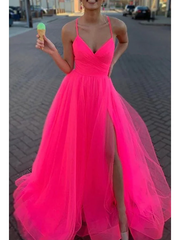A-line Spaghetti Straps Hot Pink Pleated Long Prom Dress Evening Dresses EWQ004|Selinadress