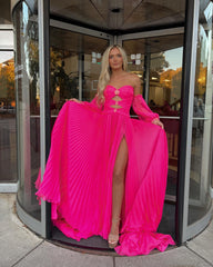 Elegant Puff Sleeve Chiffon Prom Dress Blue Formal Dress Pageant Dress #JKP002