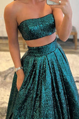 Emerald Green Sequins Two Piece Prom Dress with Pockets ASSD002|Selinadress