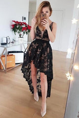 Front Short Long Back Black Lace V Neck Homecoming Dresses Prom Graduation Dress NA1442