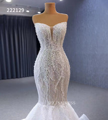 Luxury Strapless Mermaid Beaded White Wedding Dress Bridal Gowns 222129|Selinadress