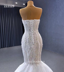 Luxury Strapless Mermaid Beaded White Wedding Dress Bridal Gowns 222129|Selinadress
