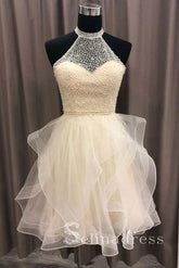 Champagne Tulle Crystal Homecoming Dress Short Prom Dress MHL029|Selinadress