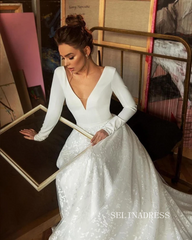 A-line Deep V Neck Long Sleeve Ivory Wedding Dresses Satin Bridal Gowns MHL160|Selinadress