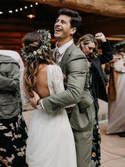 Romantic Lace Top Chiffon Backless Boho Wedding Dress A Line Bridal Dress MHL182|Selinadress