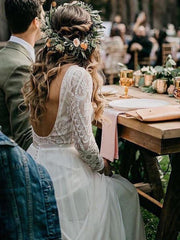 Romantic Lace Top Chiffon Backless Boho Wedding Dress A Line Bridal Dress MHL182|Selinadress