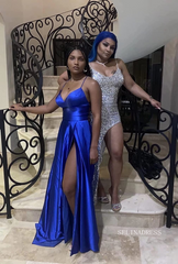 Chic A-line Spaghetti Straps Light Sky Blue Long Prom Dresses Cheap Evening Gowns MLH023