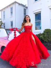Chic Ball Gown Spaghetti Straps Red Lace Long Prom Dresses Evening Dresses MLH2017|Selinadress