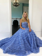 Chic Ball Gown Strapless Blue Applique Prom Dresses Modest Princess Evening Dresses MLH2029|Selinadress