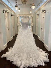 Chic A-line Sweetheart White Feather Beading Prom Dresses Modest Evening Dresses MLH2030|Selinadress