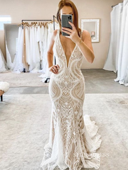 Mermaid V neck Boho Lace Wedding Dress Backless Rustic Informal Wedding Gown KTC050|Selinadress