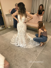 Mermaid V neck Boho Lace Wedding Dress Backless Rustic Informal Wedding Gown KTC050|Selinadress