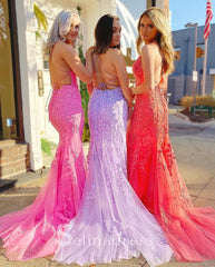 Mermaid Spaghetti Straps Prom Dresses Lilac Long Prom Dress Lace Evening Dress SED100|Selinadress