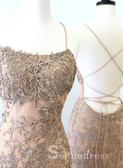 Mermaid Spaghetti Straps Lace Long Prom Dress Appliqued Backless Evening Dress SED139