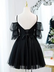 Black v neck lace short prom dress tulle lack black party dress