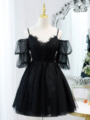 Black v neck lace short prom dress tulle lack black party dress