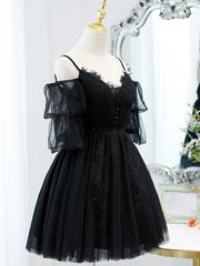 Black v neck lace short prom dress tulle lack black party dress