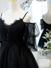 Black v neck lace short prom dress tulle lack black party dress