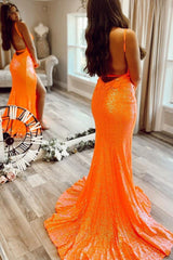 Elegant Orange Sequins Mermaid Formal Dress with Slit EWQ025