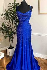 Royal Blue Beaded Cowl Neck Mermaid Long Prom Dress EWQ019
