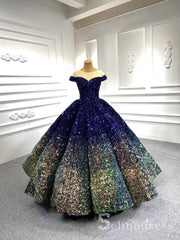 Scoop Neck Cap Sleeve Ombre Sequin Ball Gown Quinceanera Dresses #QC001