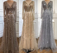 Selinadress A line Dubai Luxury Long Sleeve Rhinestone Prom Dress Formal Evening Gowns SC055