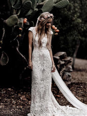 Vintage Lace Wedding Dress Sexy Boho Ivory Beach Wedding Dress # SD0825