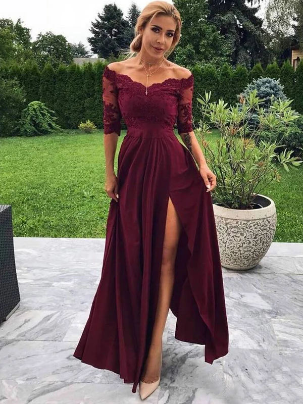 Maroon Off Shoulder Half Sleeve Burgundy Lace Long Prom Dresses Evenin –  SELINADRESS