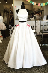 Two Pieces White Satin Long Prom Dress White Evening Formal Gowns #SED250