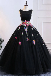 A Line Black Colorful Lace Applique Long Prom Dress Lace Up Formal Dress #SED249