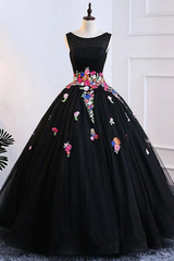 A Line Black Colorful Lace Applique Long Prom Dress Lace Up Formal Dress #SED249